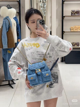 Blue Quilted Denim Shoulder Bag with Gold Chain Strap view 4