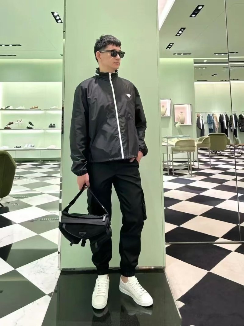 Prada Black Nylon Windbreaker Jacket with White Trim