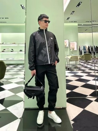Prada Black Nylon Windbreaker Jacket with White Trim