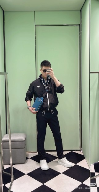 Prada Black Nylon Windbreaker Jacket with White Trim view 5