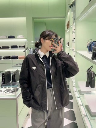 Prada Black Nylon Windbreaker Jacket with White Trim view 8