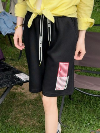 Essentials Black Drawstring Shorts with Red Logo Print