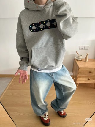 Gray Graphic Hoodie with Colorful Embellished Design