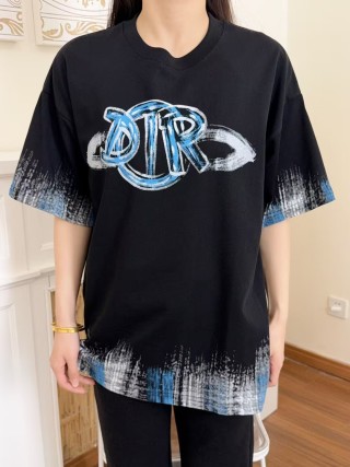 Black Graphic Logo T-Shirt with Blue Plaid Trim