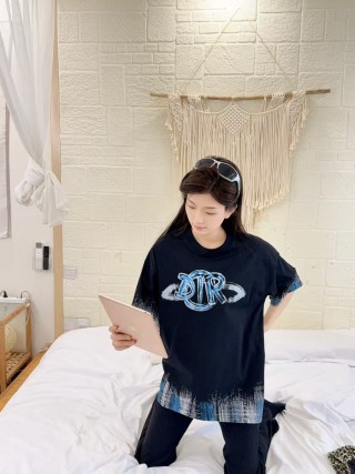 Black Graphic Logo T-Shirt with Blue Plaid Trim view 3