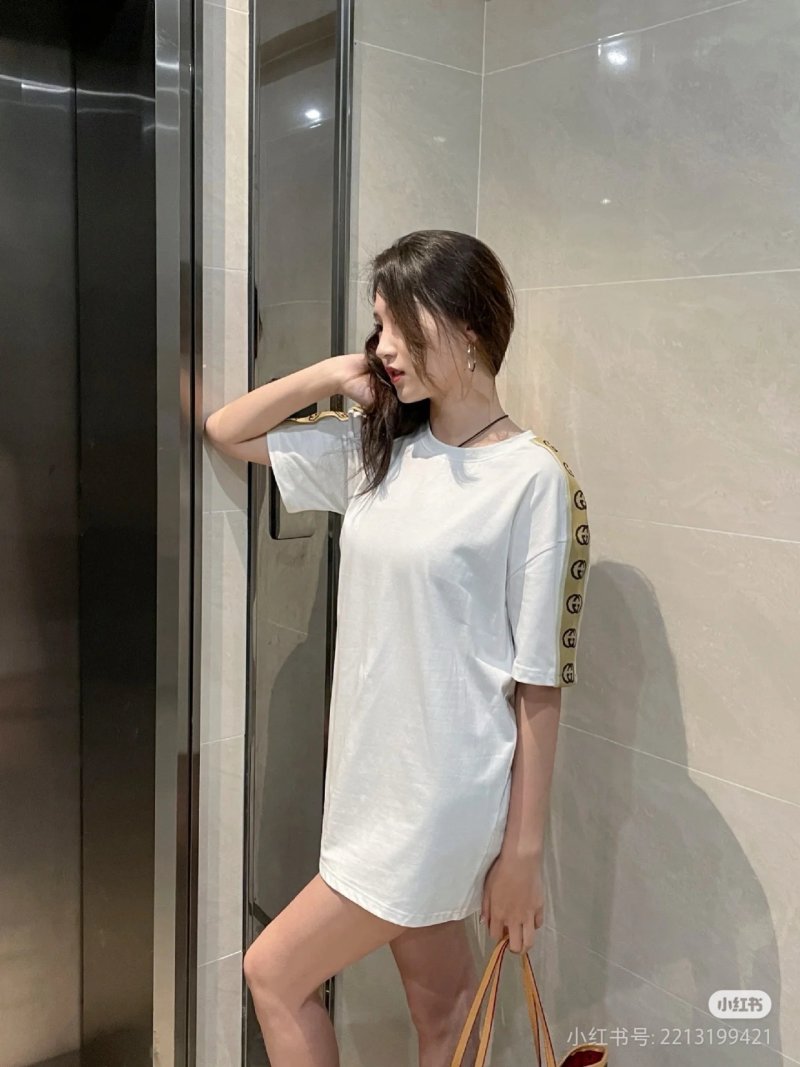 White Oversized Short Sleeve T-Shirt Dress with Gold Arm Stripe view