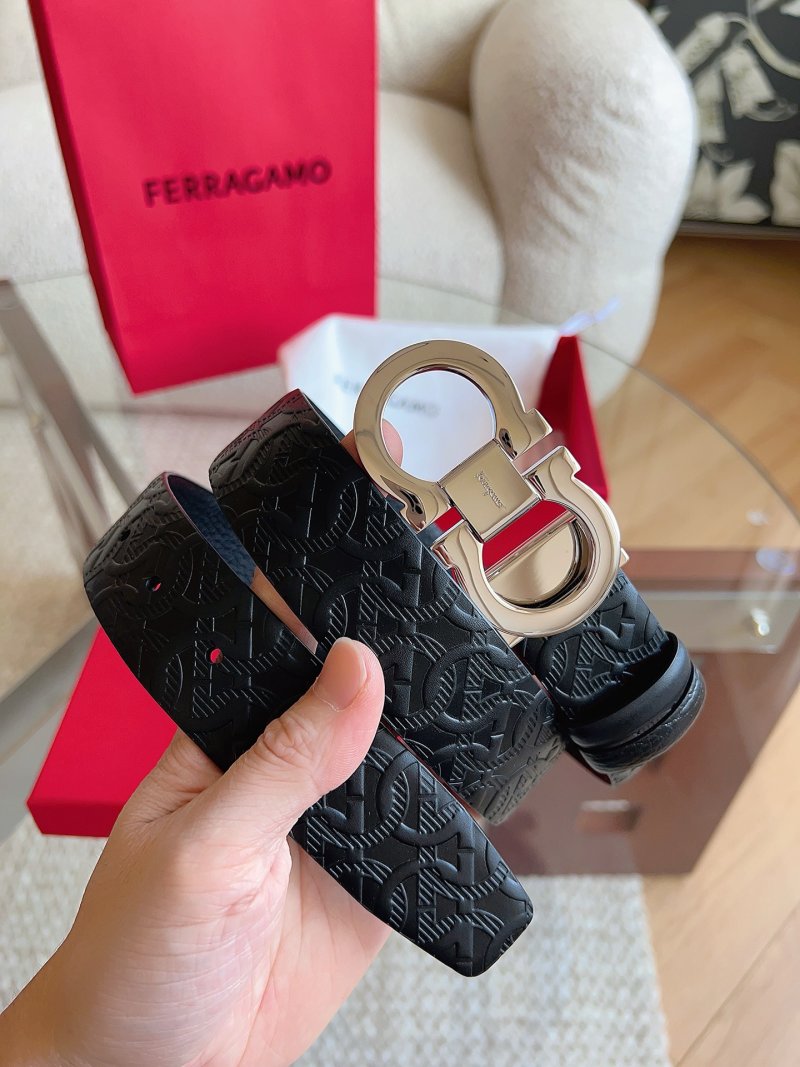 Ferragamo Gancini Buckle Black Leather Belt 3.5cm