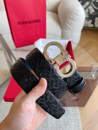 Ferragamo Gancini Buckle Black Leather Belt 3.5cm