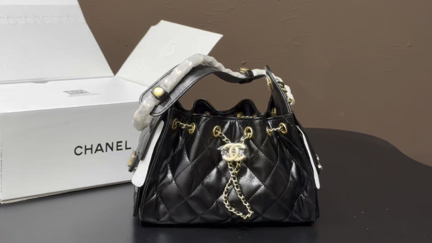 Chanel Black Quilted Bucket Bag with Gold Chain