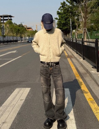 Beige Ribbed Knit Zip Cardigan view 9