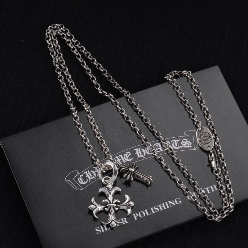 Chrome Hearts Fleur-de-Lis Cross Silver Chain Necklace