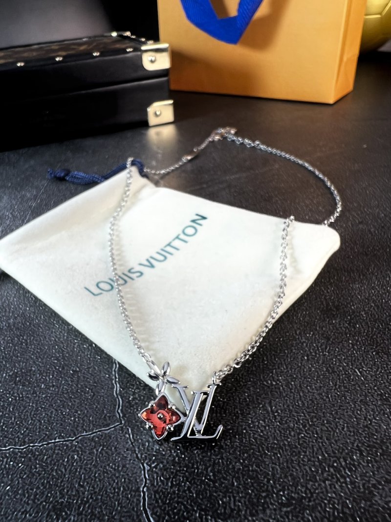 Louis Vuitton LV Monogram Flower Charm Silver Chain Necklace