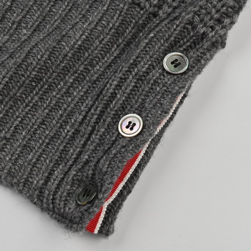 Grey Ribbed Knit Cardigan with Striped Sleeves view