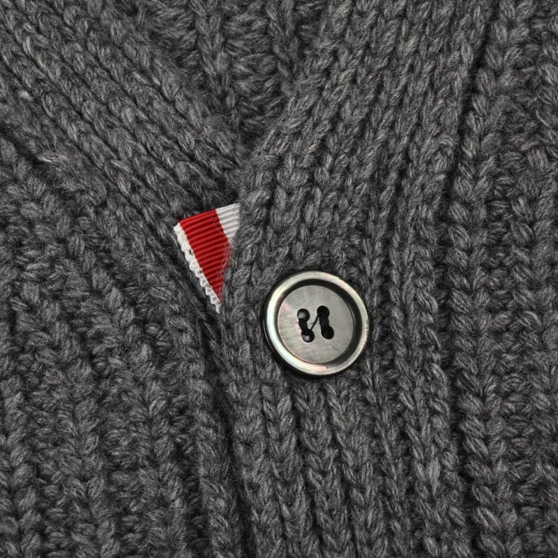 Grey Ribbed Knit Cardigan with Striped Sleeves view