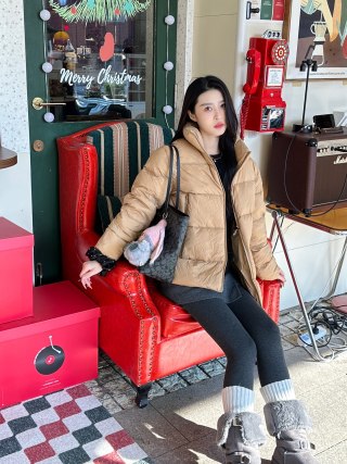 Beige Puffer Down Jacket - Warm Winter Coat view 4