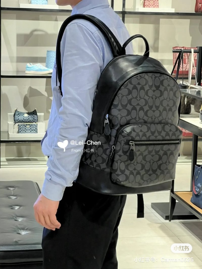 Coach Men's Black Monogram Backpack with Leather Trim