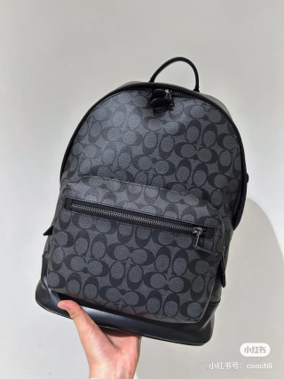 Coach Men's Black Monogram Backpack with Leather Trim view 4