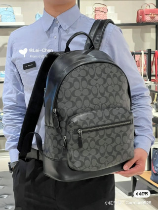 Coach Men's Black Monogram Backpack with Leather Trim view 5