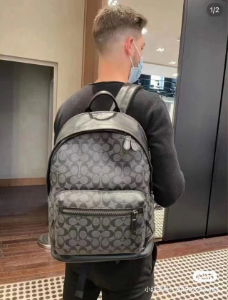 Coach Men's Black Monogram Backpack with Leather Trim view 8