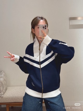 Navy & White Chevron Stripe Zip Cardigan Jacket view 2