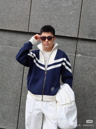 Navy & White Chevron Stripe Zip Cardigan Jacket view 9