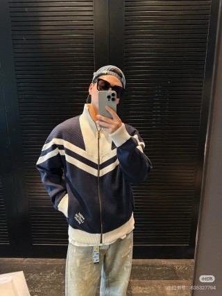Navy & White Chevron Stripe Zip Cardigan Jacket view 10