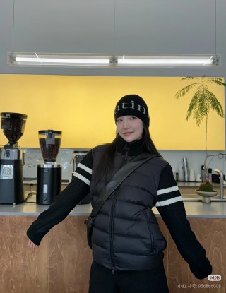 Black Puffer Down Jacket with Stripe Sleeve Detail view 2
