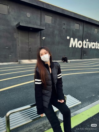 Black Puffer Down Jacket with Stripe Sleeve Detail view 5