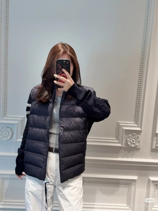 Black Puffer Down Jacket with Stripe Sleeve Detail view 8