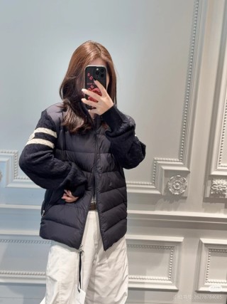 Black Puffer Down Jacket with Stripe Sleeve Detail view 10