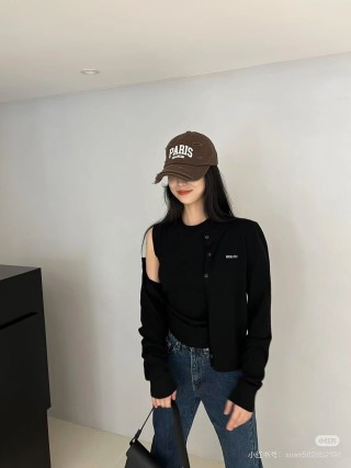 Miu Miu Black Cropped Cardigan with Cold-Shoulder Detail