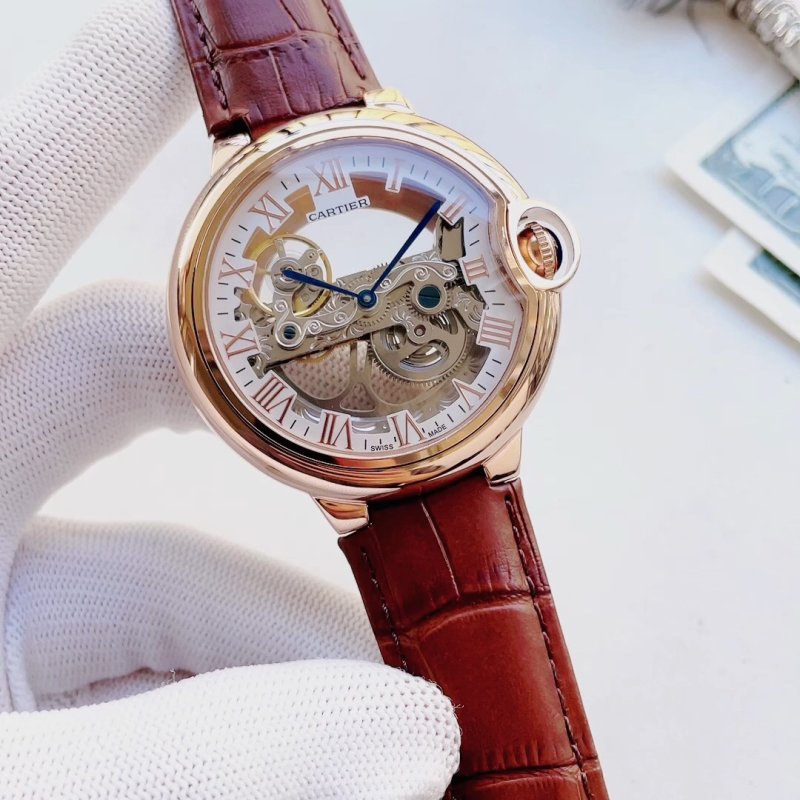 Cartier Ballon Bleu Skeleton Rose Gold Burgundy Leather Watch