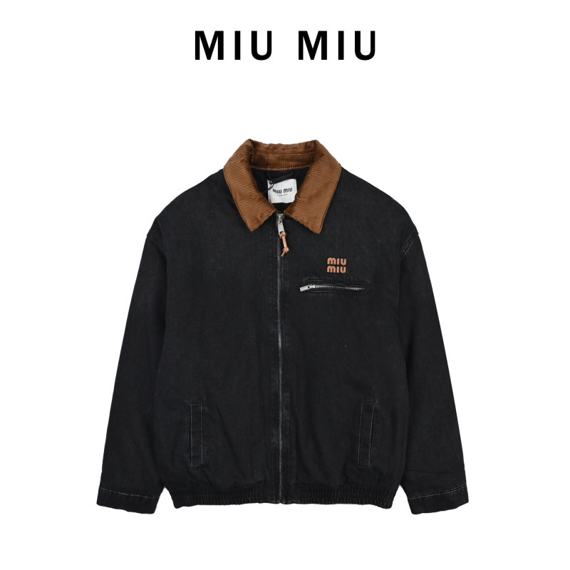 Miu Miu Black Nylon Zip Jacket with Corduroy Collar view