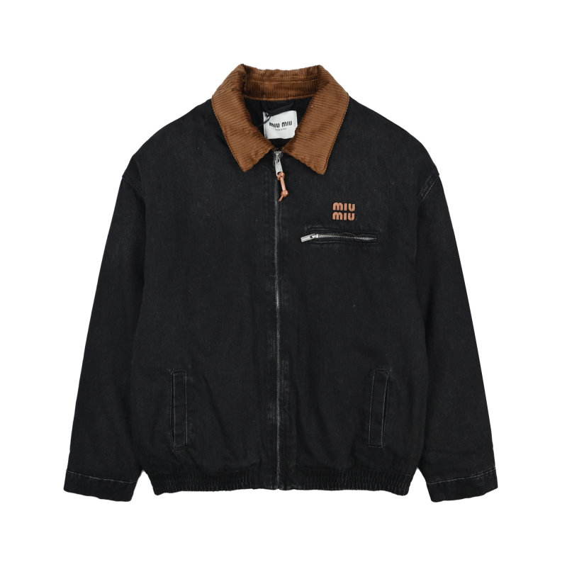 Miu Miu Black Nylon Zip Jacket with Corduroy Collar view