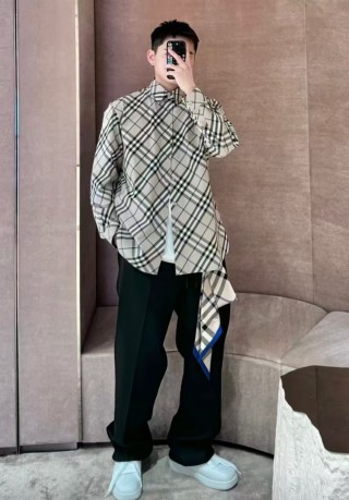 Burberry Check Plaid Long-Sleeve Shirt Cream/Black view 3