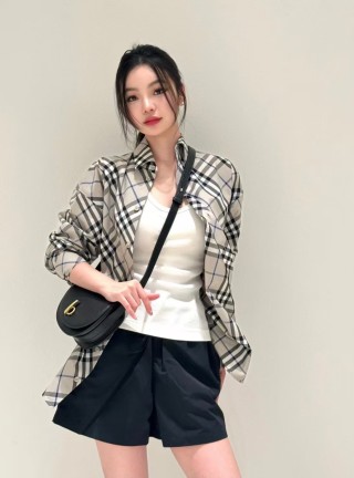 Burberry Check Plaid Long-Sleeve Shirt Cream/Black view 9