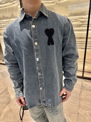 Ami Paris Denim Shirt Blue with Heart Logo view 3