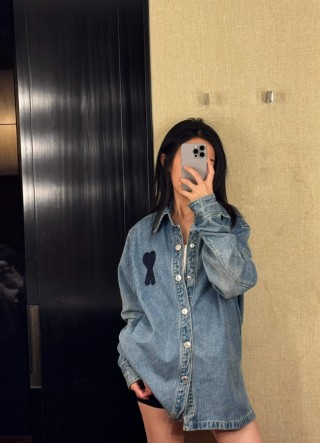 Ami Paris Denim Shirt Blue with Heart Logo view 9