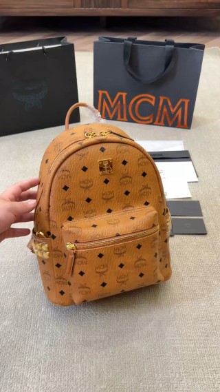 MCM Cognac Monogram Backpack with Gold Hardware