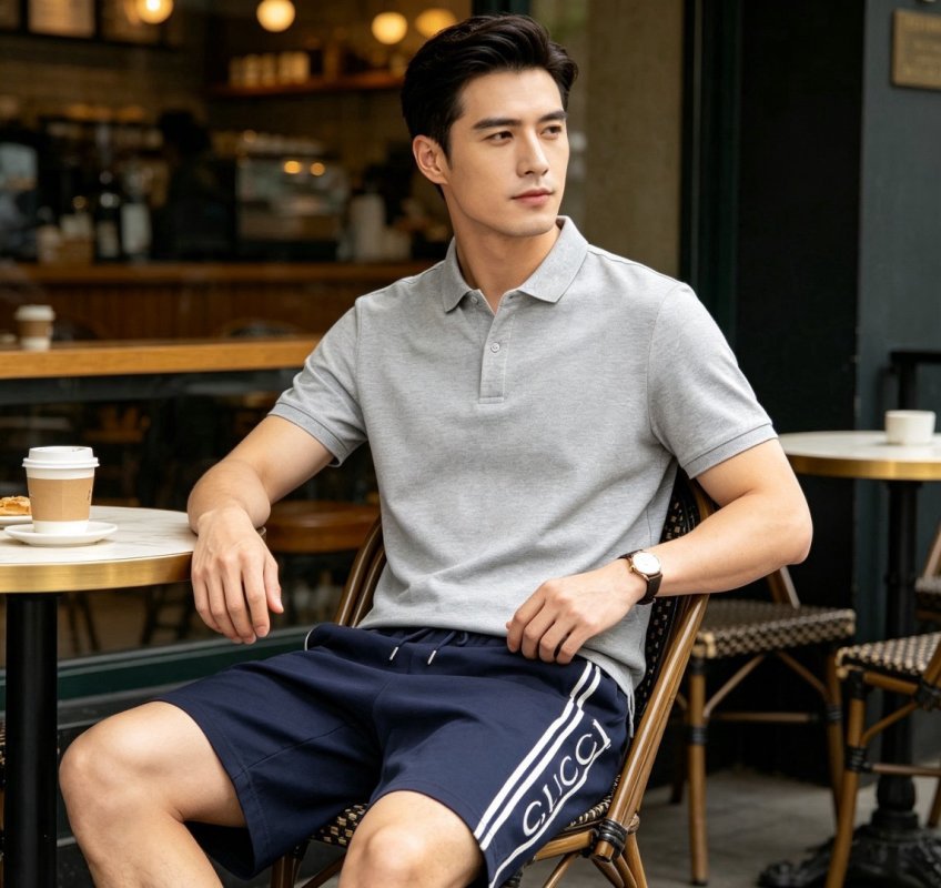 Navy Blue Striped Casual Shorts with Side Logo