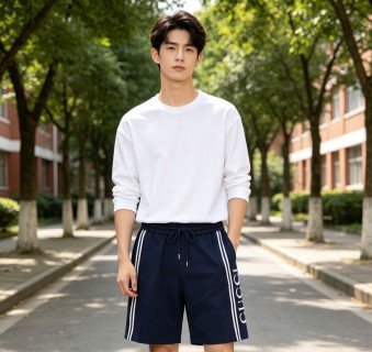 Navy Blue Striped Casual Shorts with Side Logo view 2