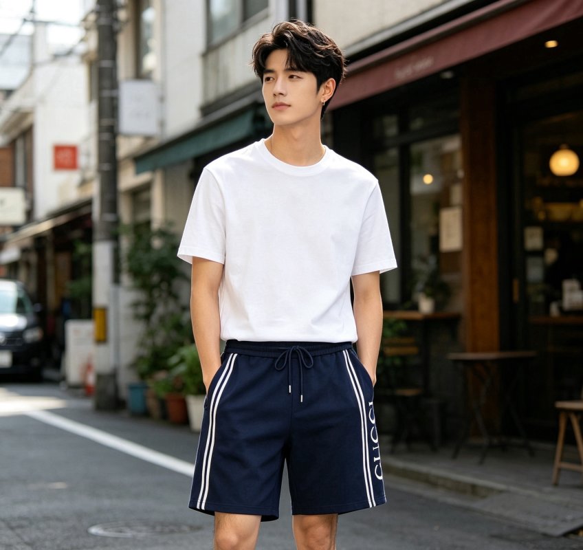 Navy Blue Striped Casual Shorts with Side Logo view