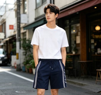 Navy Blue Striped Casual Shorts with Side Logo view 3