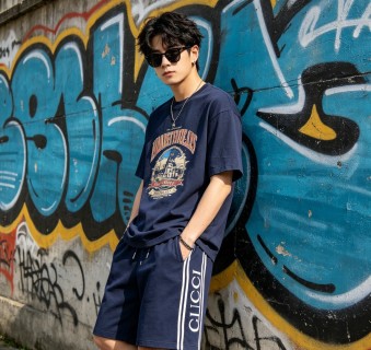 Navy Blue Striped Casual Shorts with Side Logo view 5