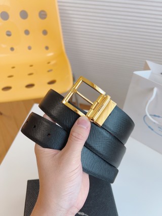 Prada Black Saffiano Leather Belt Gold Buckle 35mm
