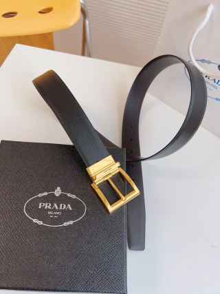 Prada Black Saffiano Leather Belt Gold Buckle 35mm view 5