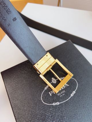 Prada Black Saffiano Leather Belt Gold Buckle 35mm view 8