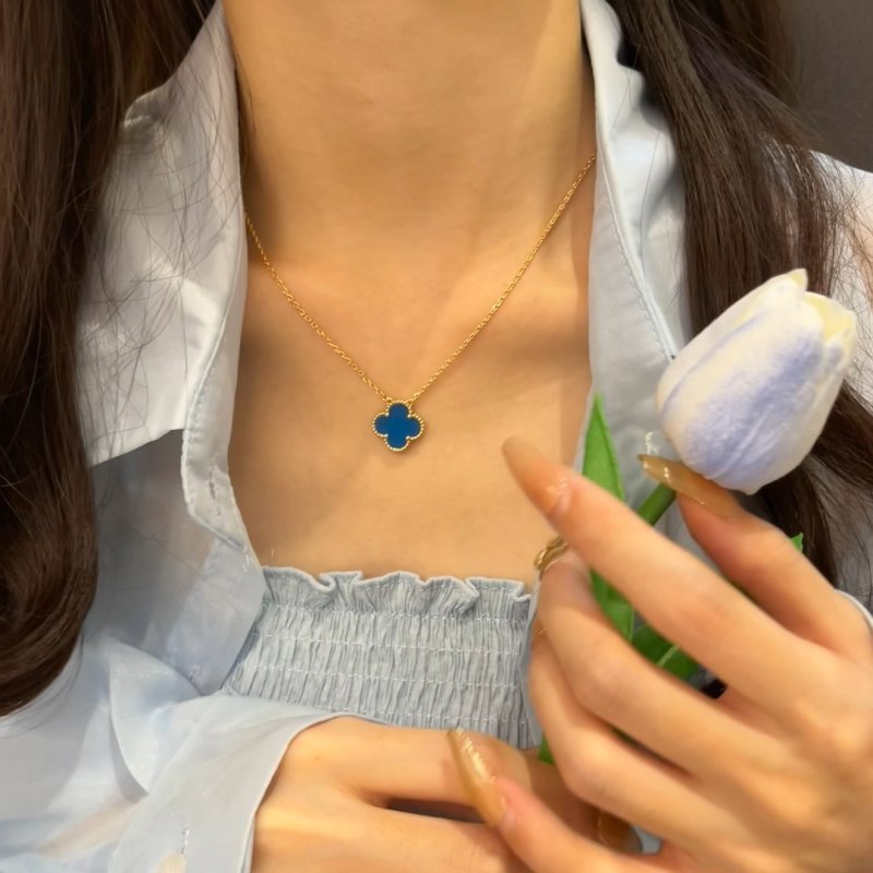 Blue Clover Pendant Gold Chain Necklace