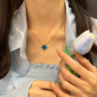 Blue Clover Pendant Gold Chain Necklace