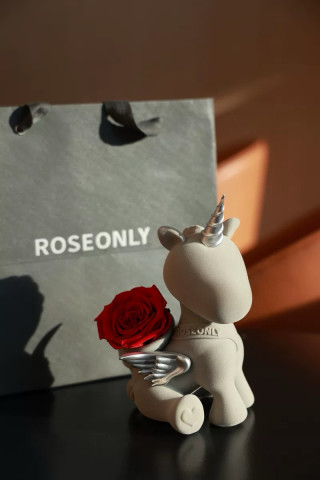Unicorn Sweetheart Eternal Flower Figurine - Cream with Red Rose view 7